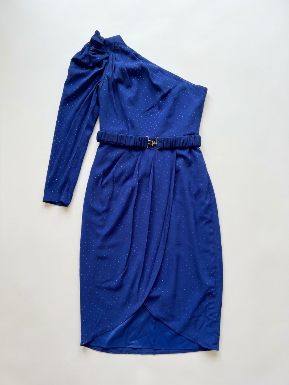 Aidan Mattox Royal Blue One-Shoulder Chiffon Dot Midi Dress Size 8 NWT
